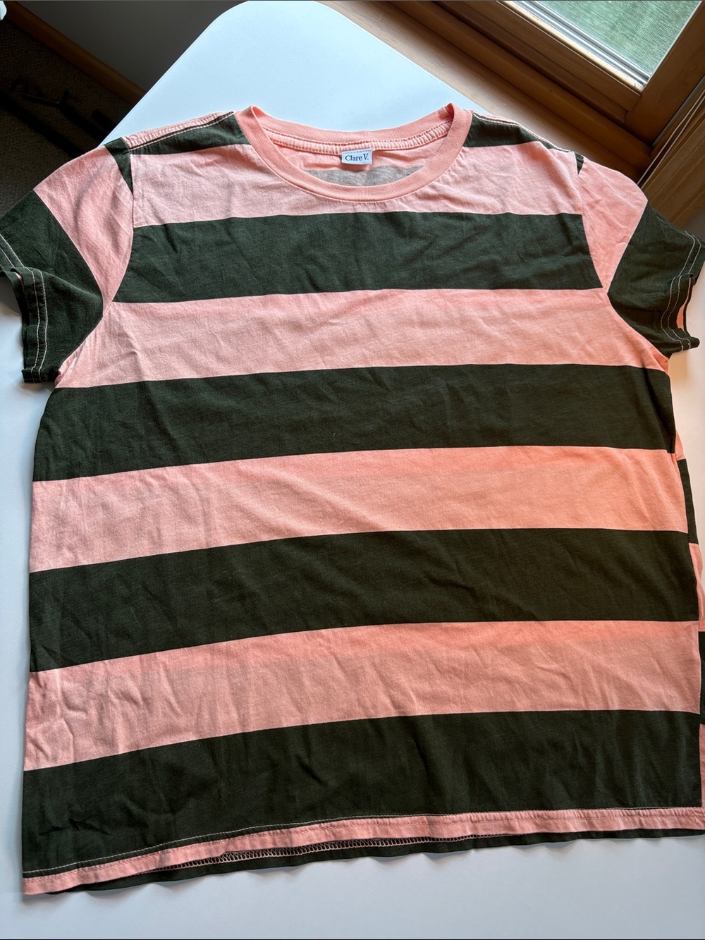 Clare V Wide Stripe Tee — Peach and Dark Moss Green. NWOT